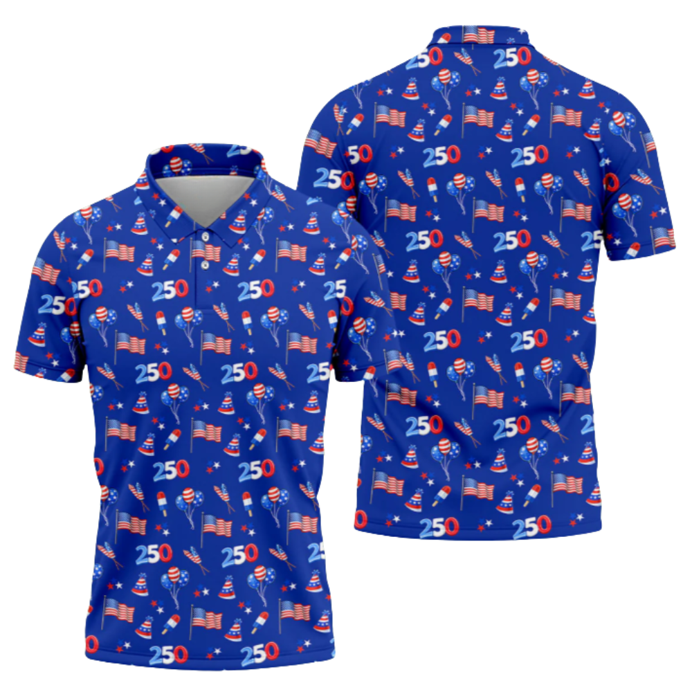 American Flag 250th Anniversary Pattern Blue Golf Men Polo Shirt, 4th Of July Golf Shirts GZ0281