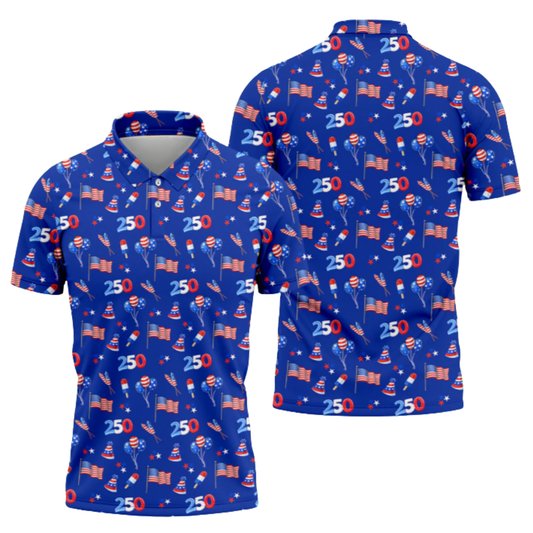 American Flag 250th Anniversary Pattern Blue Golf Men Polo Shirt, 4th Of July Golf Shirts GZ0281