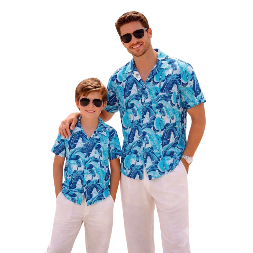 Tropical Blue Cyan Dad Son Matching Hawaiian Shirt, Tropical Family Hawaiian Shirts ET1098