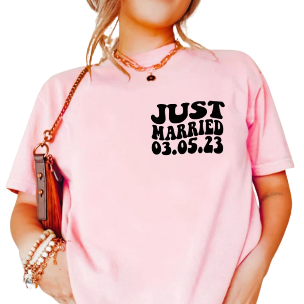Just Married Personalized Bride And Groom Matching T Shirts, Custom Wedding Date Matching Couple Shirts ET0814