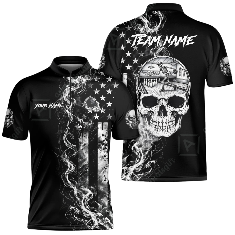 Custom Skull USA Flag Smoke Bowling Jersey Mens, Custom Skull Team Bowling Shirts Black White BZ0501
