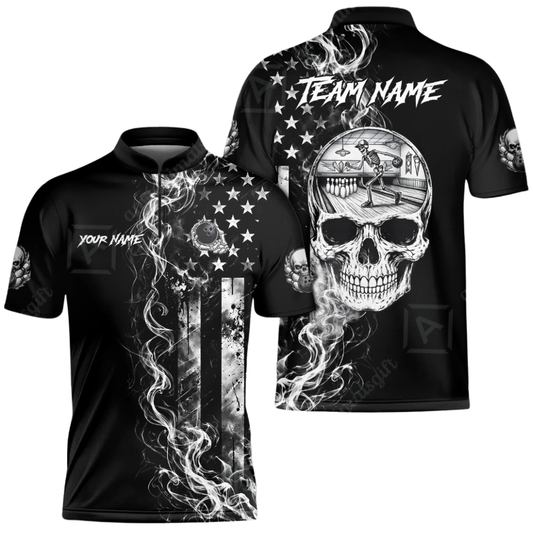 Custom Skull USA Flag Smoke Bowling Jersey Mens, Custom Skull Team Bowling Shirts Black White BZ0501