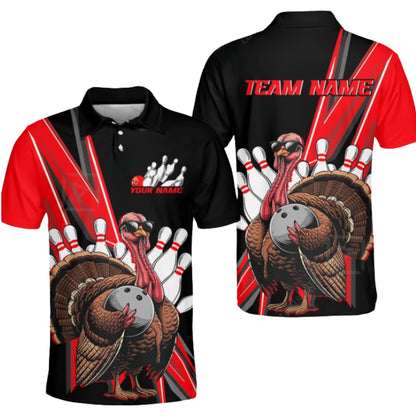 Custom Turkey Black Orange Bowling Men Polo Shirt, Custom Team Bowling Shirts For Thanksgiving BZ0392