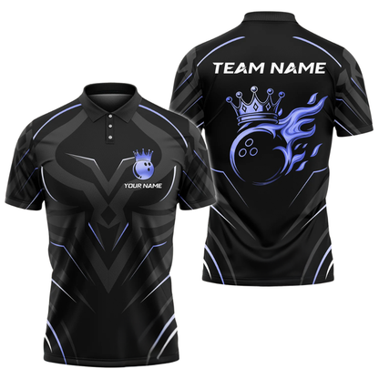 Custom Flame King Ball Bowling Mens Polo Shirt, Black And Gold Custom Team Bowling Shirts BZ0512