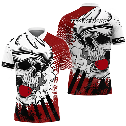 Custom Skull Red And White Bowling Polo Shirt For Men, Custom Skull Bowling Team Shirts BZ0768