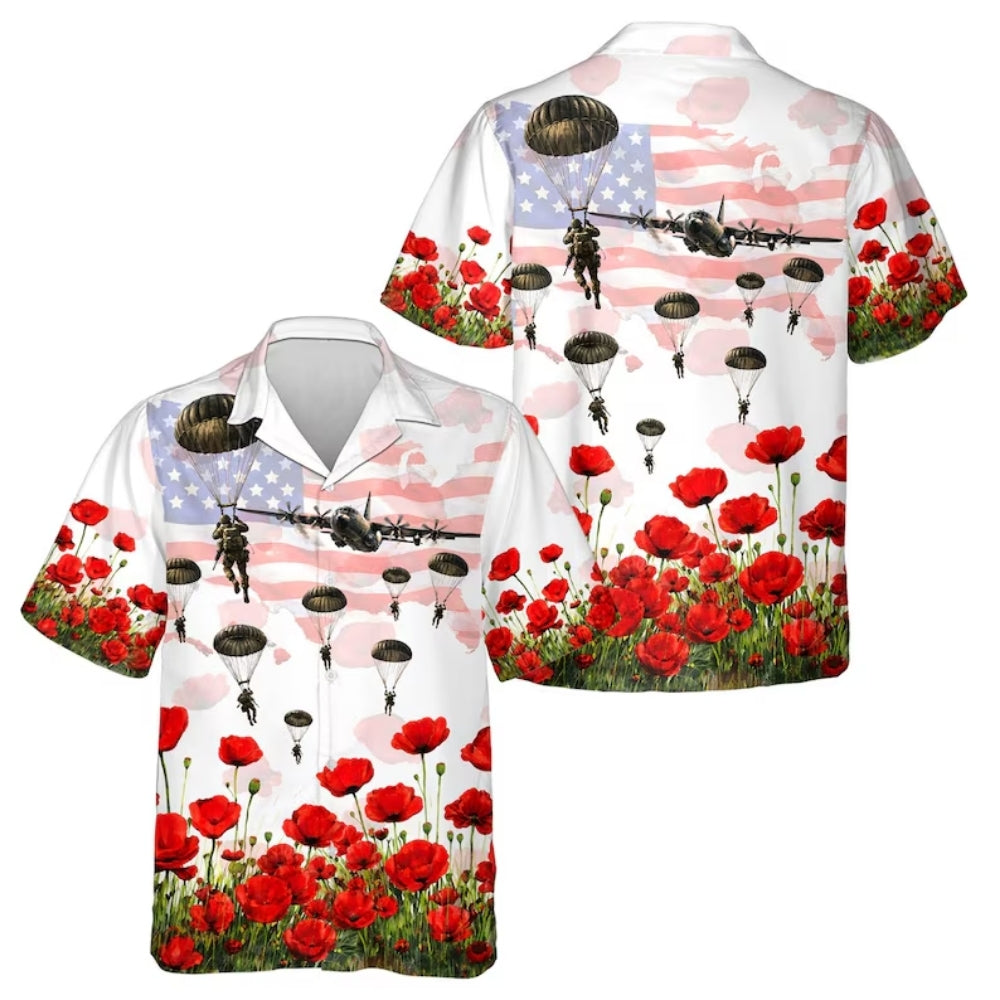 Paratroopers Red Poppy USA Flag Hawaiian Shirt For Mens, Paratroopers Hawaiian Shirt HE0399