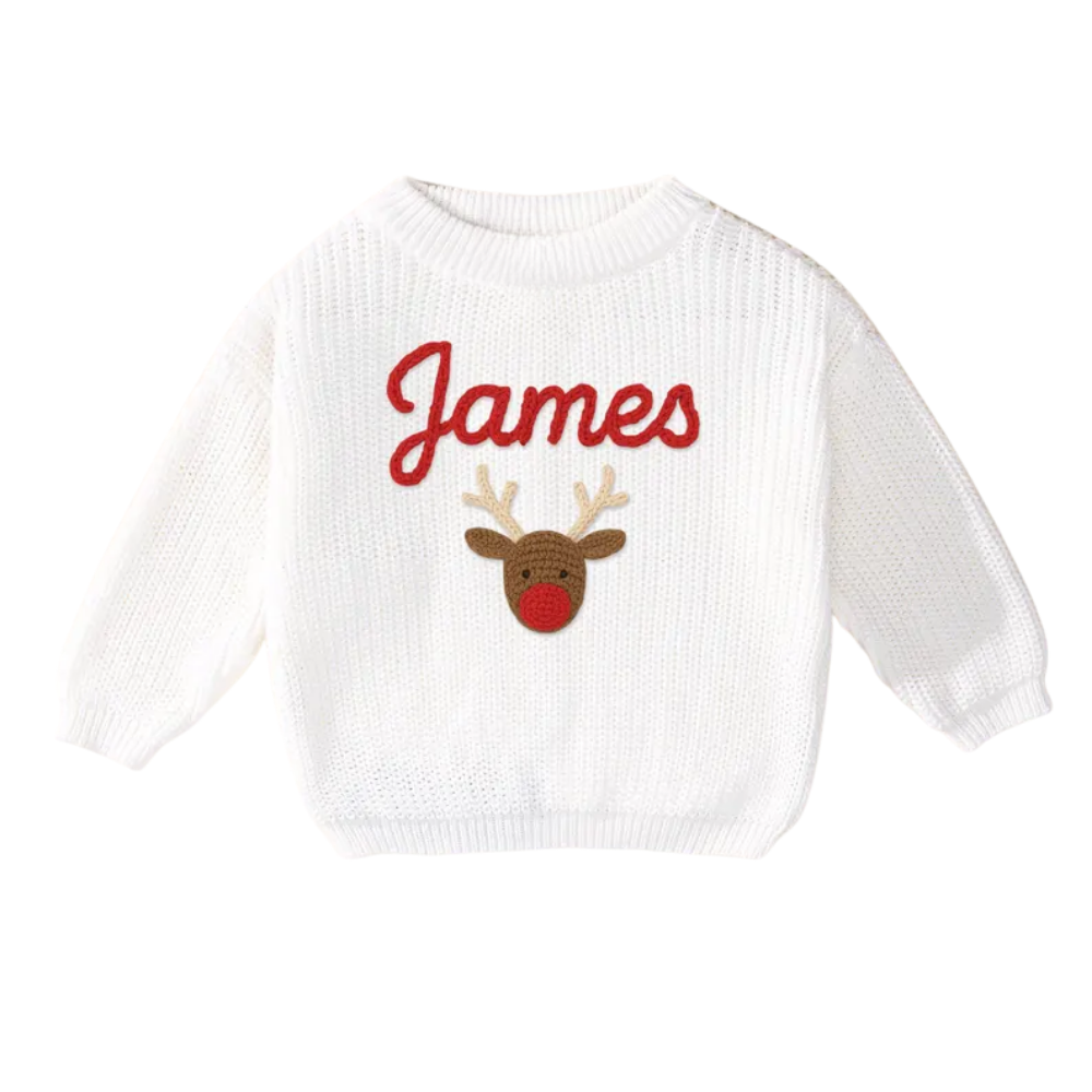 Custom Name Christmas Reindeer Embroider Knit Baby Sweater, Custom Christmas Baby Knit Sweatshirt BB0123