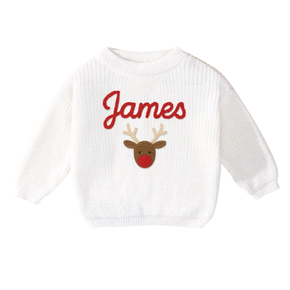 Custom Name Christmas Reindeer Embroider Knit Baby Sweater, Custom Christmas Baby Knit Sweatshirt BB0123