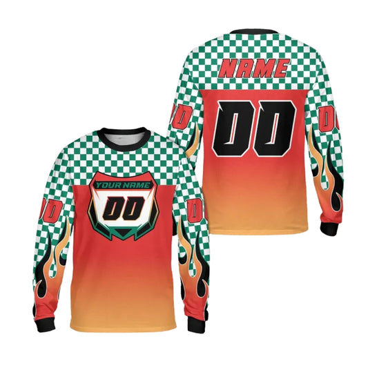 Custom Checkered Gradient Flame Long Sleeve Dirt Bike Jersey For Men, Custom Checkered Dirt Bike Shirts ME0023