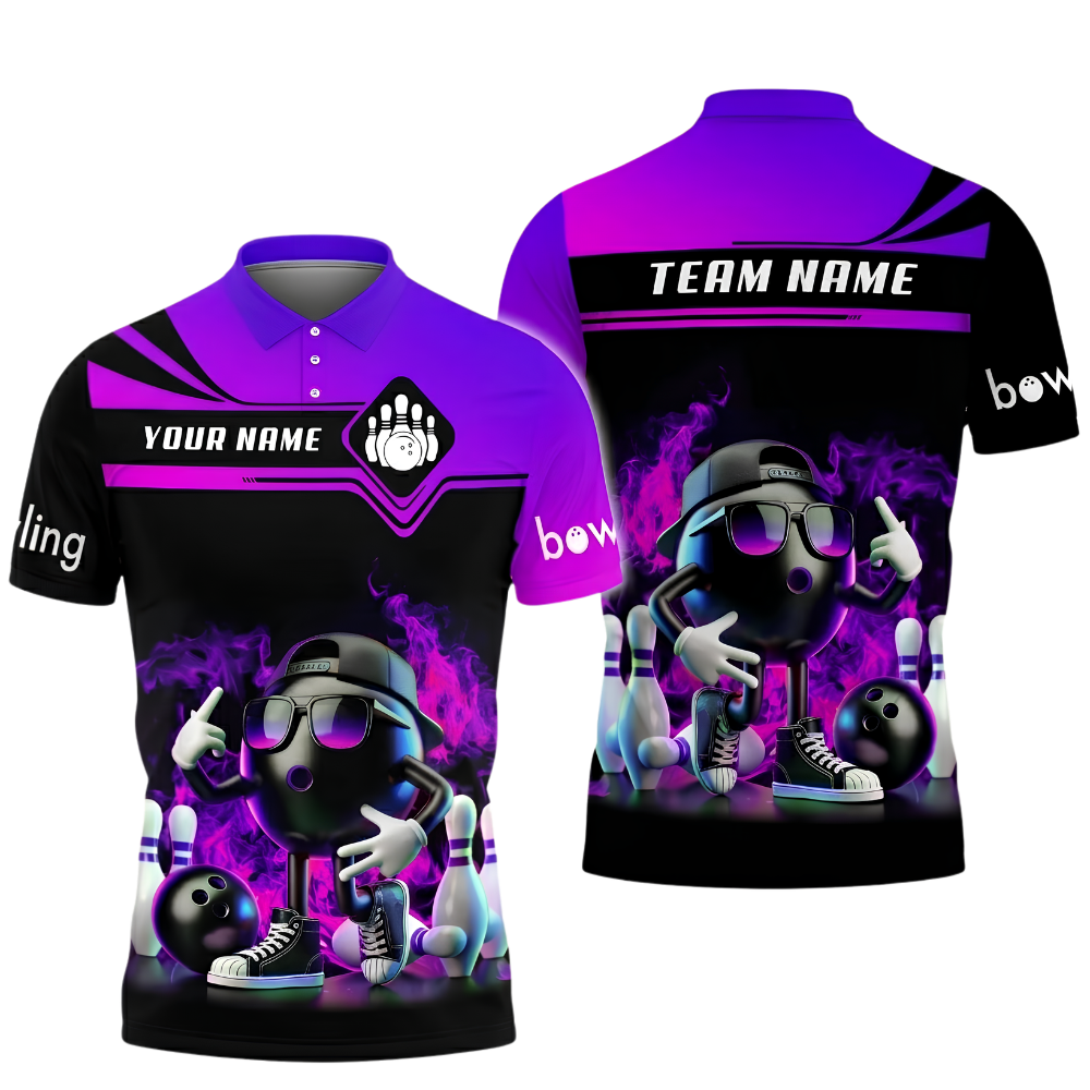 Custom Funny Ball Flaming Bowling Polo Shirt Mens, Custom Flame Team Bowling Shirt BZ1028