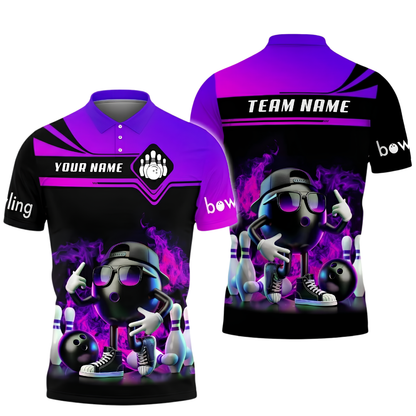Custom Funny Ball Flaming Bowling Polo Shirt Mens, Custom Flame Team Bowling Shirt BZ1028