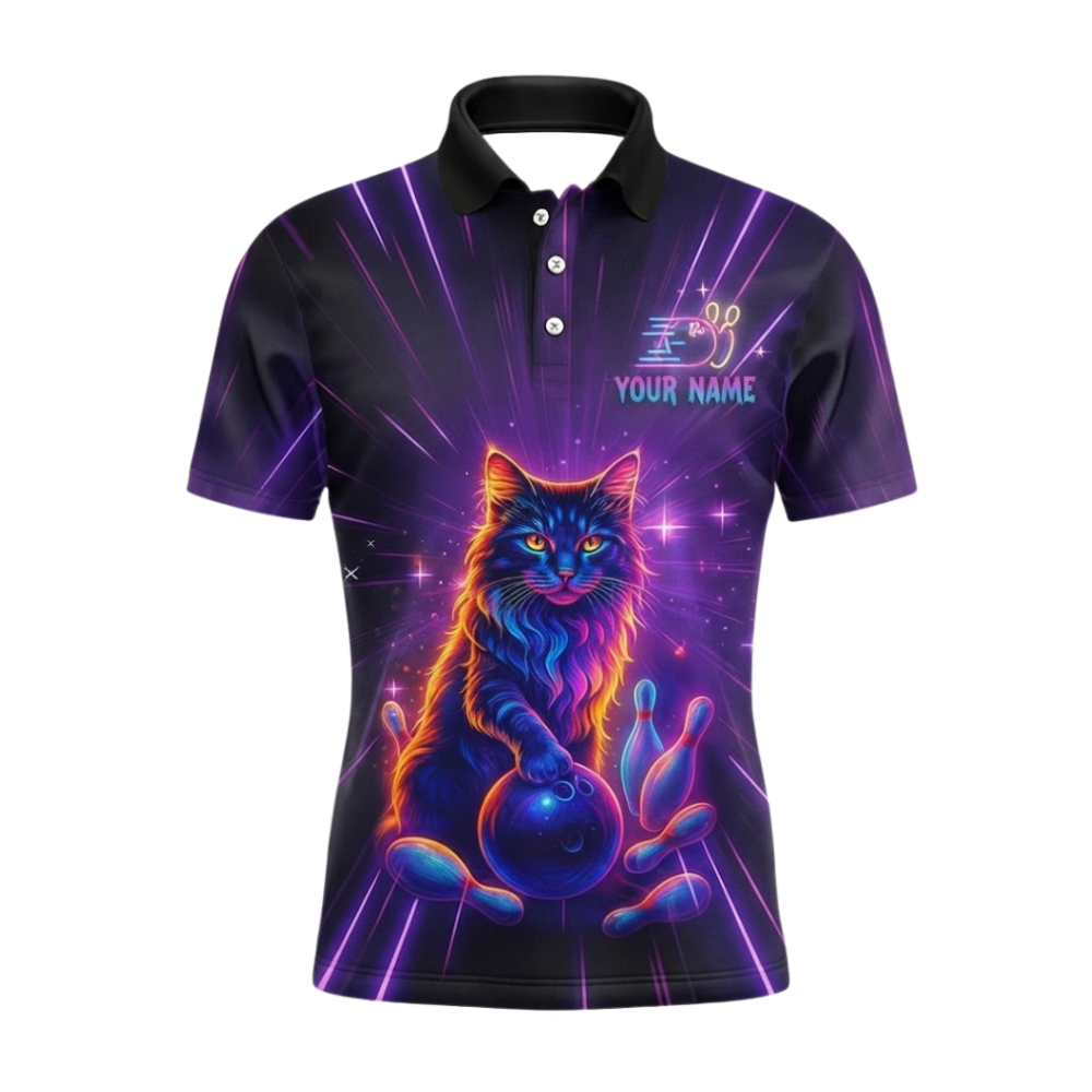 Custom Neon Cat Purple Bowling Polo Shirt Mens, Custom Cat Bowling Team Shirts BZ0669