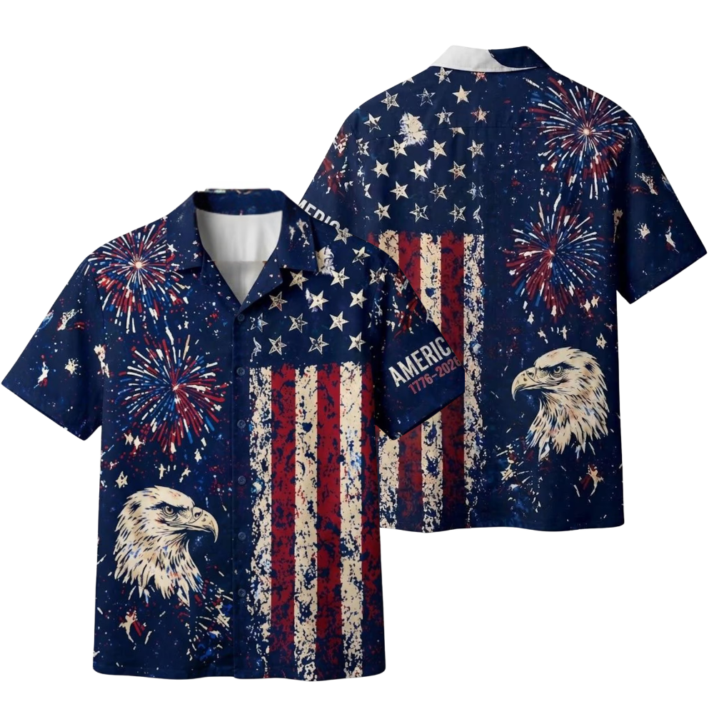 American Flag Eagle Firework Hawaiian Shirt For Men, Patriotic Hawaiian Shirt For Independence Day HE0383