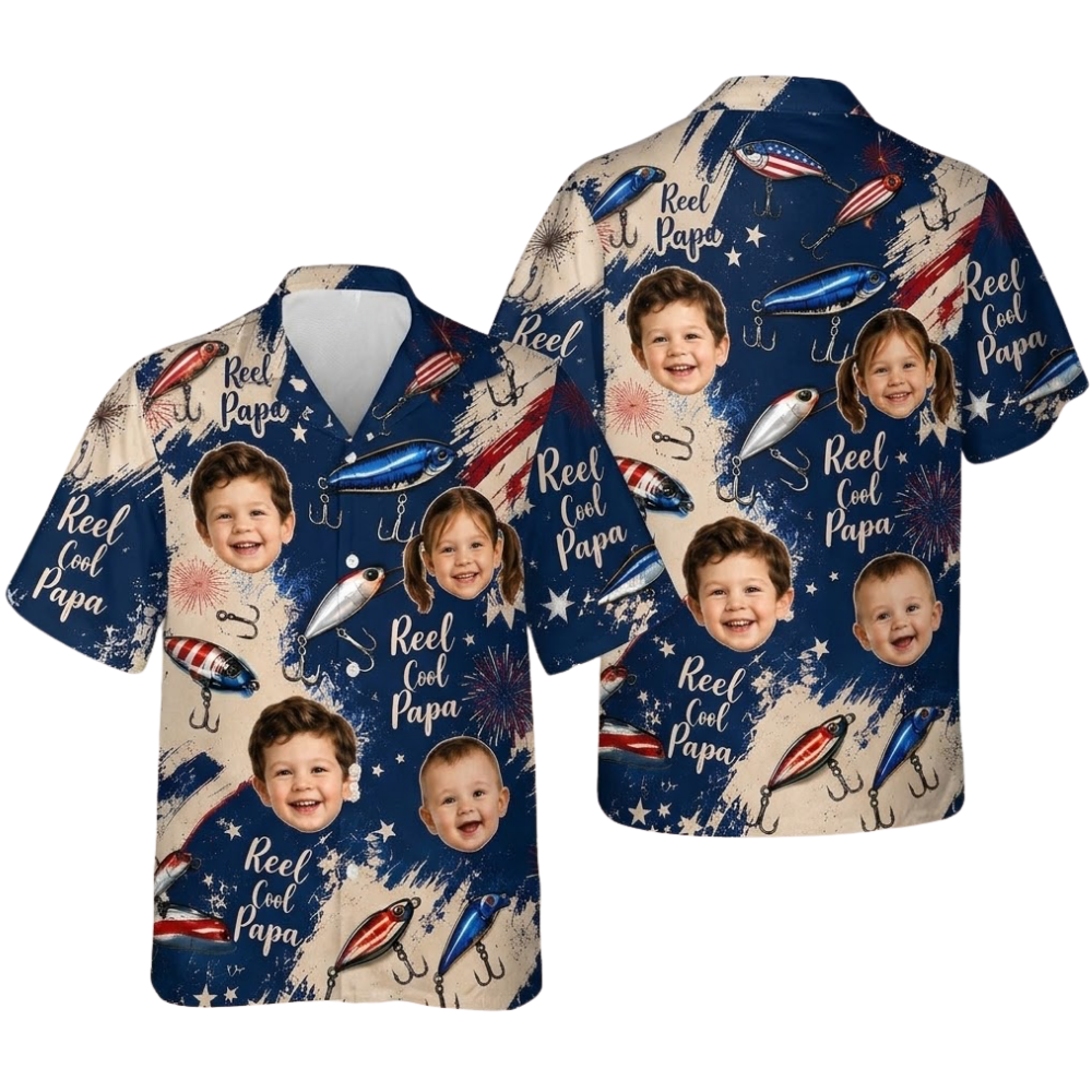Reel Cool Papa USA Flag Custom Kid Face Fishing Hawaiian Shirt For Dad, Custom Photo Fishing Hawaiian Shirts For Fathers HE0522