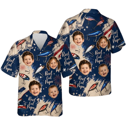Reel Cool Papa USA Flag Custom Kid Face Fishing Hawaiian Shirt For Dad, Custom Photo Fishing Hawaiian Shirts For Fathers HE0522