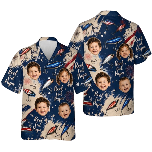 Reel Cool Papa USA Flag Custom Kid Face Fishing Hawaiian Shirt For Dad, Custom Photo Fishing Hawaiian Shirts For Fathers HE0522