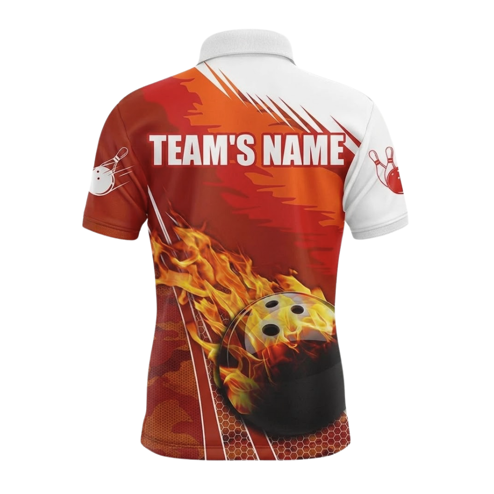 Flame Ball Custom Mens Orange White Bowling Polo Shirt For Men, Custom Flame Bowling Shirts For Team BZ0735