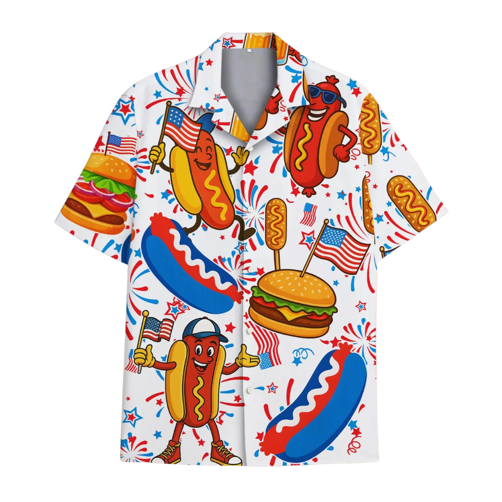 Funny Hot Dog Burger American Flag Hawaiian Shirt, Fun Food 4th Of July Hawaiian Shirts HE0345