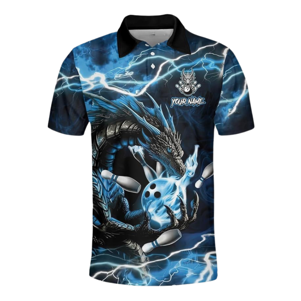 Custom Black And Blue Dragon Bowling Polo Shirt Men, Custom Dragon Team Bowling Shirt BZ0921