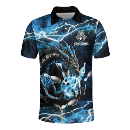 Custom Black And Blue Dragon Bowling Polo Shirt Men, Custom Dragon Team Bowling Shirt BZ0921