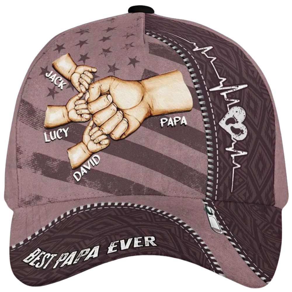 Best Papa Ever Custom Fist Bump Kid Names Baseball Cap, Custom 3D Printed Cap For Father CP0520
