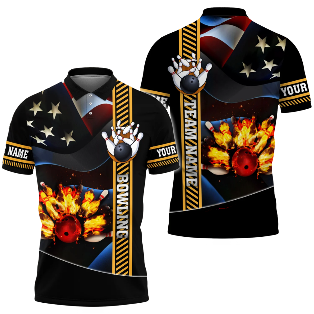 Custom Flame American Flag Bowling Mens Polo Shirt, Custom Team Flame Bowling Shirts BZ0651