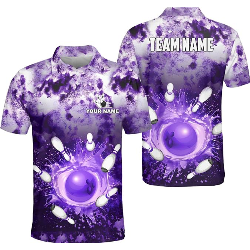 Custom Team Purple Splash Bowling Polo Shirt For Mens, Custom Bowling Shirt BZ0788