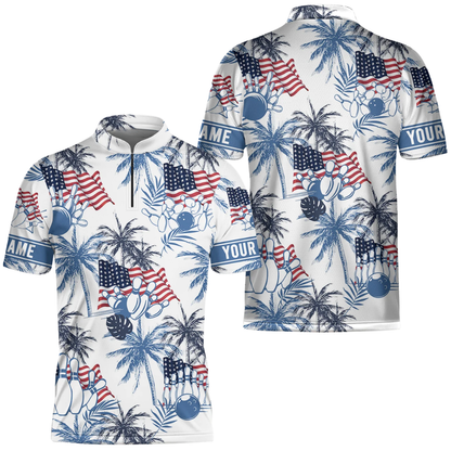 Custom Tropical USA Flag Bowling Jersey For Mens, Custom Name Patriotic Bowling Shirts BZ0582