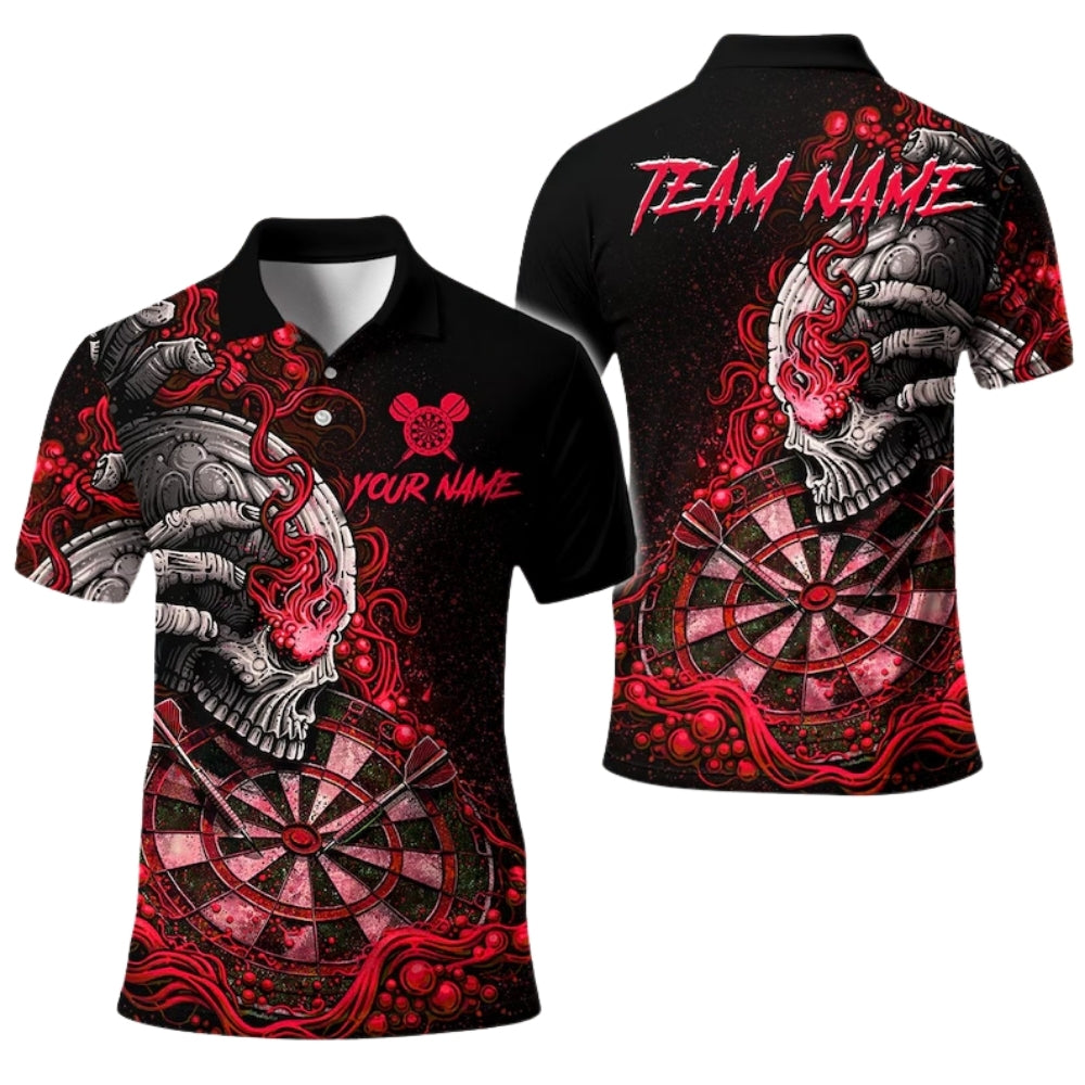 Custom Skull Flaming Black And Green Dart Men's Polo Shirt, Custom Skull Darts Team Shirts DE0088