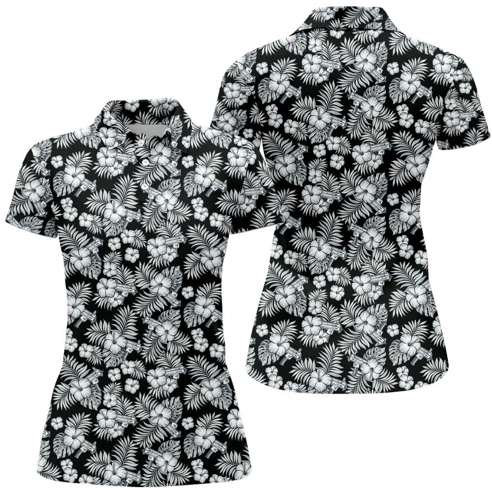 Black And White Hibiscus Golf Polo Shirt Ladies, Women's Floral Tropical Golf Shirt GZ0358