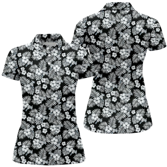 Black And White Hibiscus Golf Polo Shirt Ladies, Women's Floral Tropical Golf Shirt GZ0358