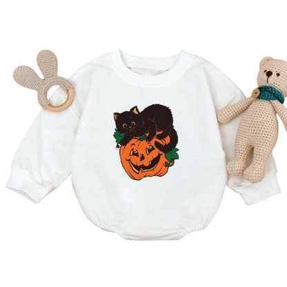 Black Cat Pumpkin Halloween Baby Romper Sweatshirt, Halloween Baby Romper Sweatshirt For Cat Lover BB0016