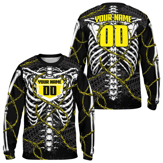 Custom Skeleton Barbed Wire Motocross Jersey Long Sleeve, Custom Skull Dirt Bike Shirts ME0070