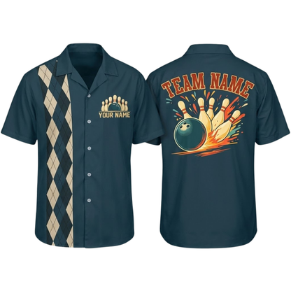 Custom Argyle Retro Navy Bowling Hawaiian Shirt Mens, Custom Team Retro Bowling Shirt BZ0797