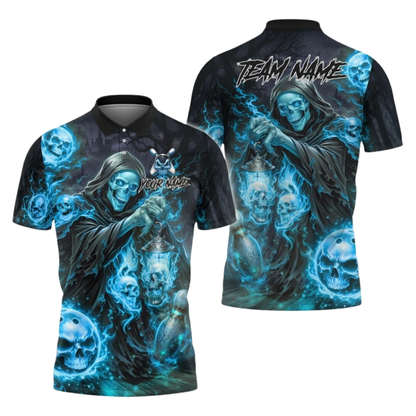Custom Grim Reaper Bowling Mens Polo Shirt Black And Green, Custom Skull Bowling Team Shirts BZ1100
