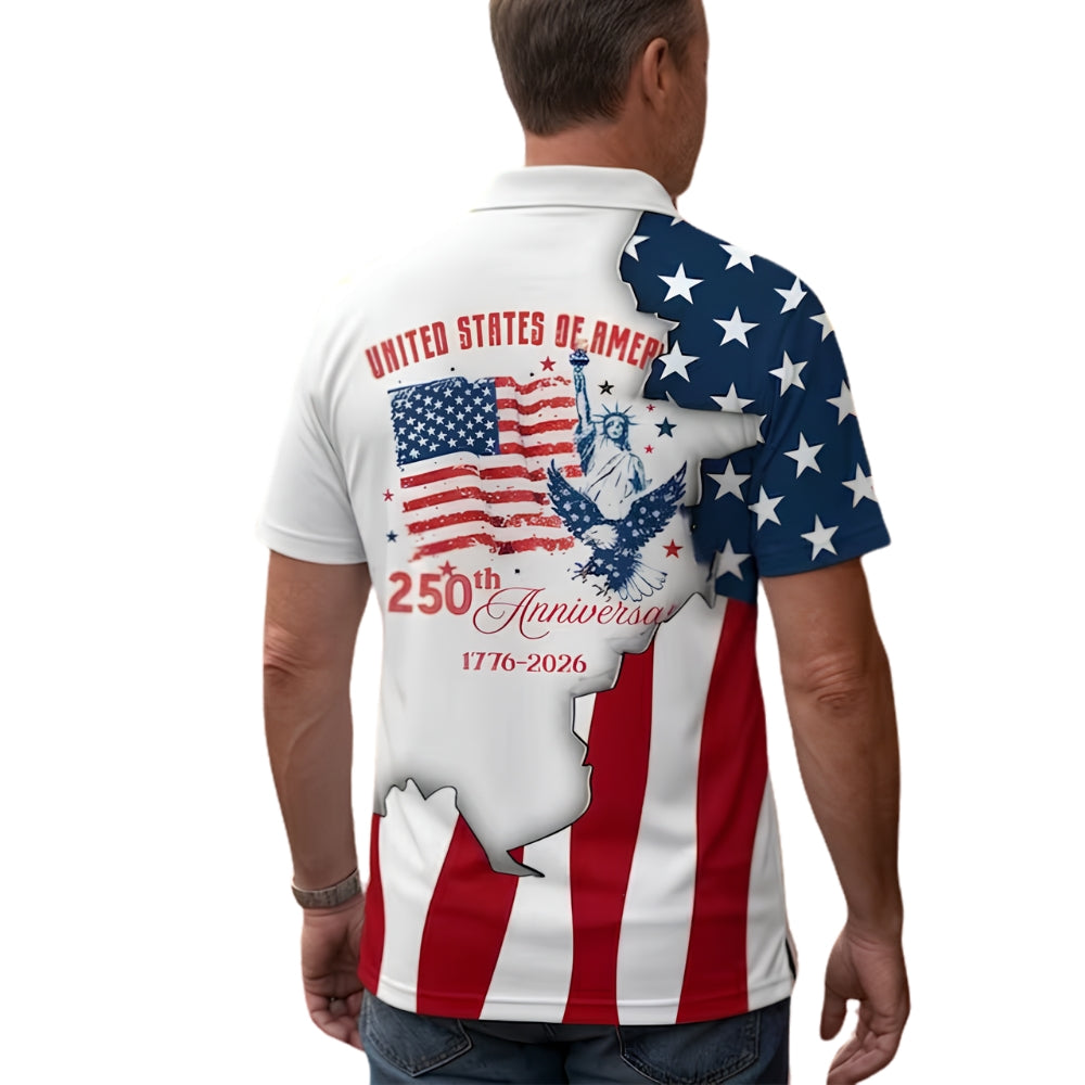250th Anniversary American Flag Golf Men's Polo Shirt, Patriotic Golf Shirts For 4th Of July GE0400
