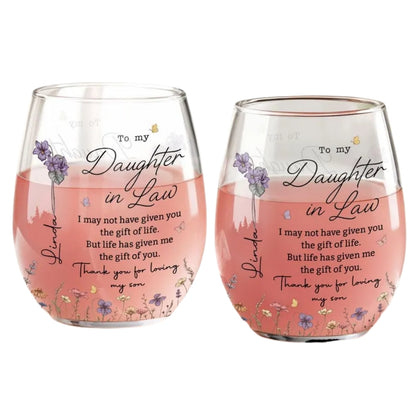 To My Daughter In Law Custom Birth Month Flower Wine Glass, Custom Future Daughter Glass From Mother Of The Groom WD0348