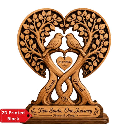 Two Souls One Journey Custom Tree Heart Layer Wooden Block For Couple, Custom Wedding Keepsake Wooden Plaque WD0954