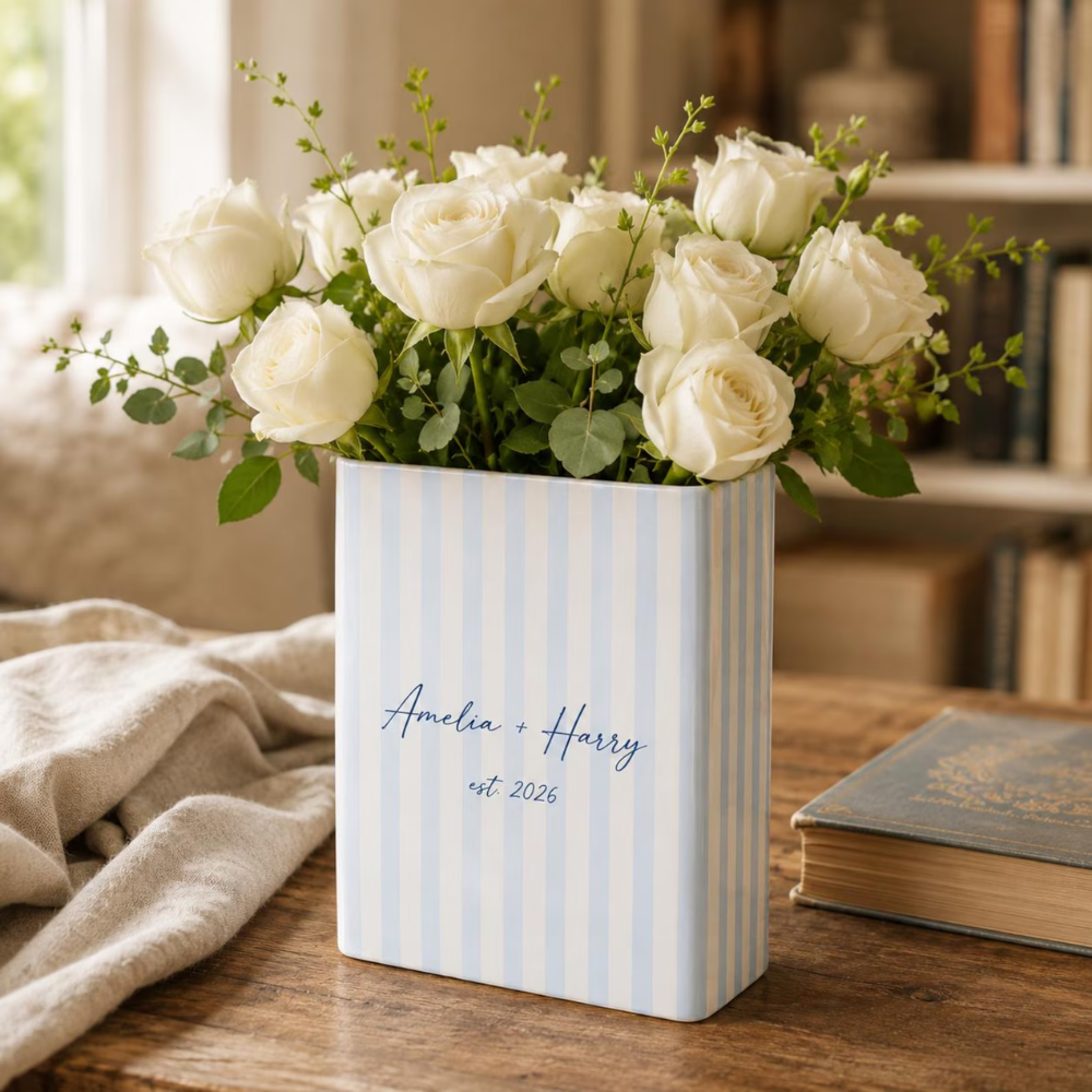 Personalized Blue Striped Wedding Engagement Anniversary Ceramic Book Vase, Custom Striped Book Vase For Couple WD0557
