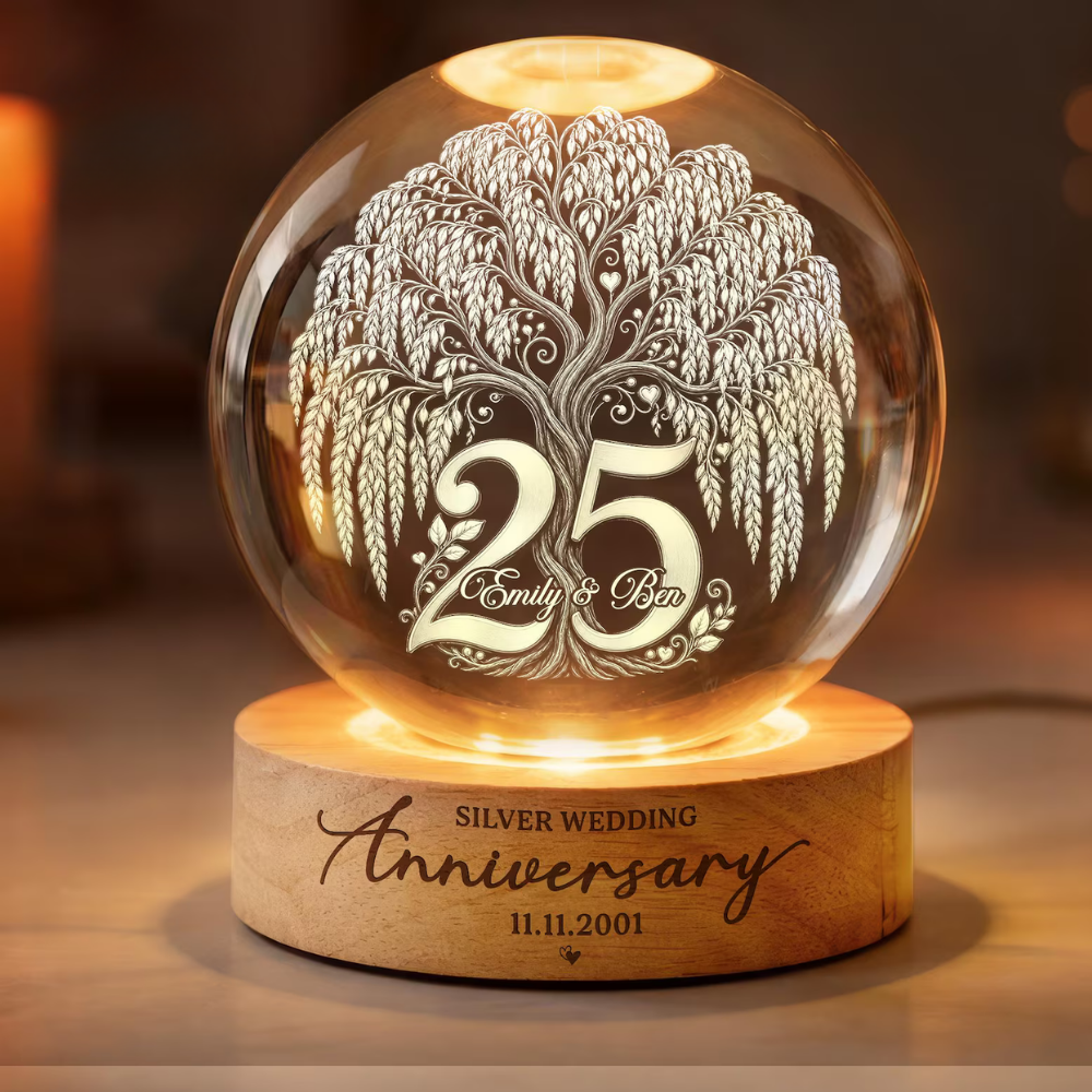 Personalized 25th Wedding Anniversary Crystal Ball Led Night Light With Couple Name, Custom Silver Wedding Keepsake Night Light WD0903