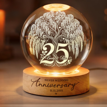 Personalized 25th Wedding Anniversary Crystal Ball Led Night Light With Couple Name, Custom Silver Wedding Keepsake Night Light WD0903
