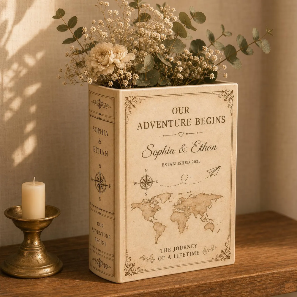 Our Adventure Begins Custom Wedding Ceramic Book Vase, Custom Wedding Engagement Book Vase For Adventure Lovers WD0568
