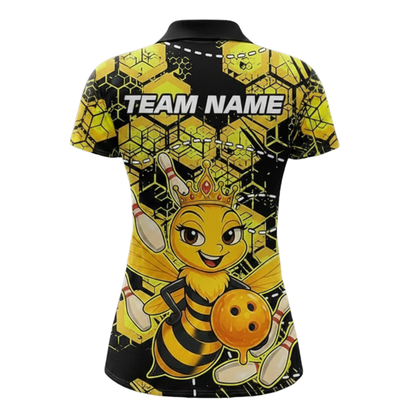 Custom Funny Bee Women's Bowling Polo Shirt, Black And Yellow Custom Bee Bowling Team Shirts BZ0540