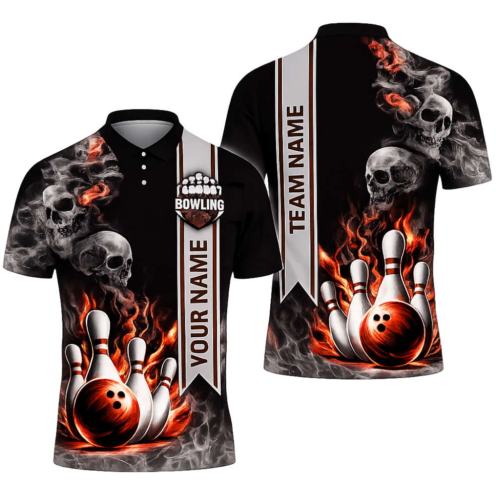 Custom Skull Blue Flame Men's Bowling Polo Shirt, Custom Skull Bowling Shirts For Team BZ0466