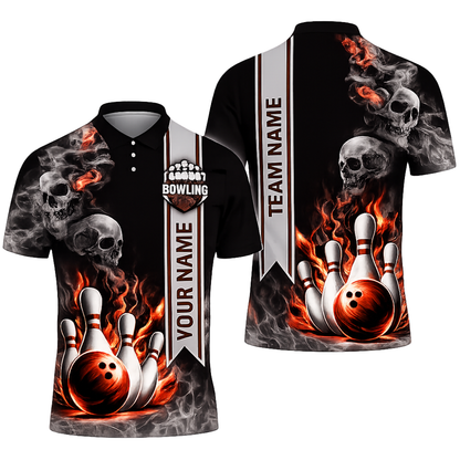 Custom Skull Blue Flame Men's Bowling Polo Shirt, Custom Skull Bowling Shirts For Team BZ0466