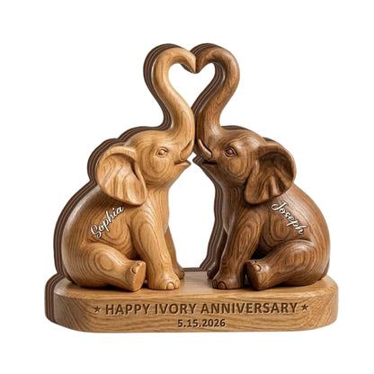 Custom Elephants Couple Wooden Block, Personalized Ivory Wedding Anniversary Keepsake Wooden Plaque WD0788