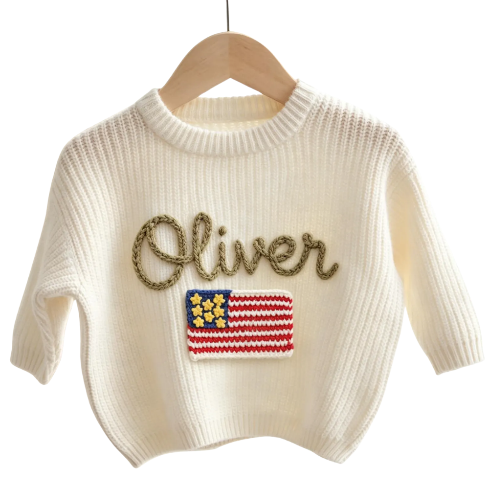 American Flag Custom Name Baby Embroidered Knit Sweater, Custom Patriotic Baby Sweatshirt BB0801
