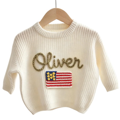 American Flag Custom Name Baby Embroidered Knit Sweater, Custom Patriotic Baby Sweatshirt BB0801