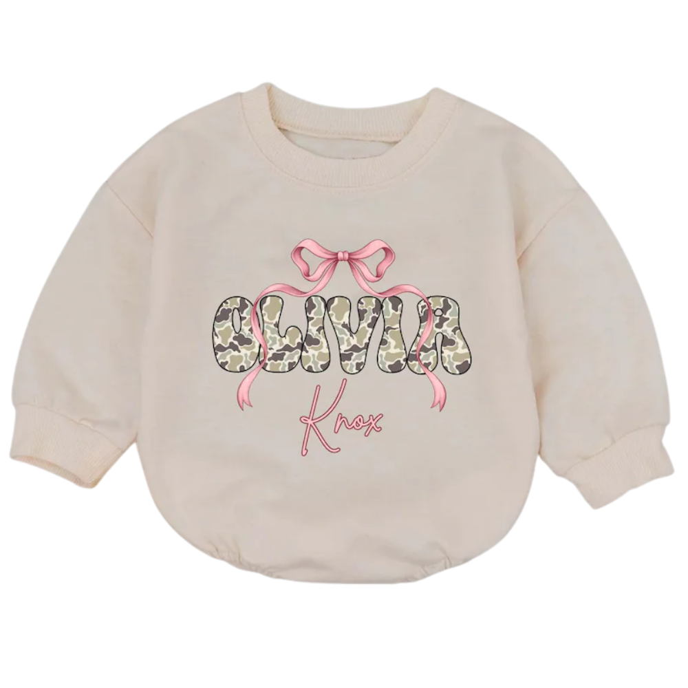Custom Camo Baby Name Coquette Pink Ribbon Bow Romper Sweatshirt, Custom Camo Baby Romper Sweater BB0233