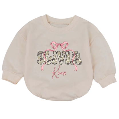 Custom Camo Baby Name Coquette Pink Ribbon Bow Romper Sweatshirt, Custom Camo Baby Romper Sweater BB0233